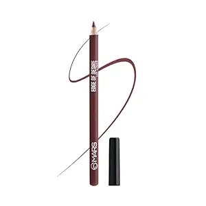 A sharpened wooden lip liner pencil with a colored base tip, lying next to a crisp, textured zigzag swatch line.