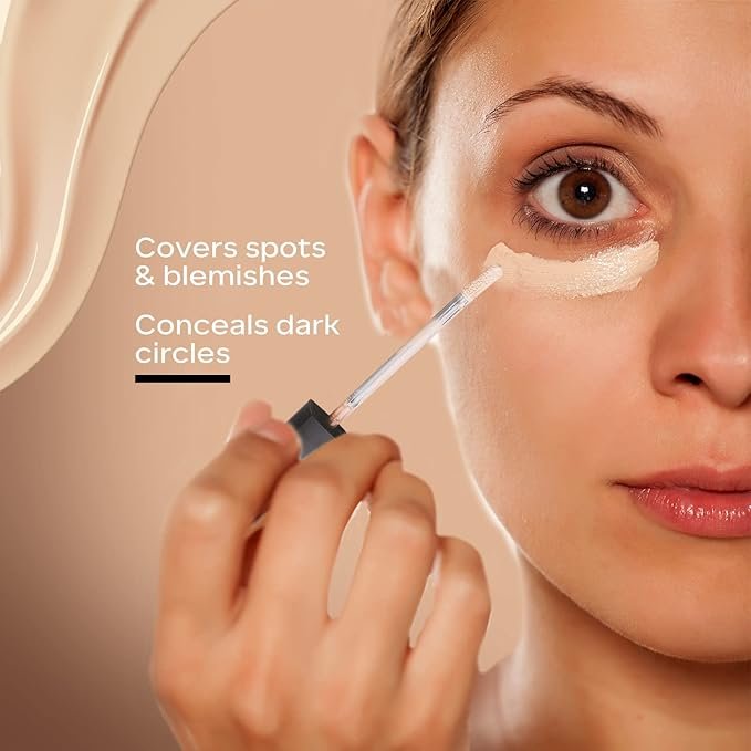 A sleek liquid concealer tube with its applicator wand pulled out, showing a creamy beige formula on the soft tip.