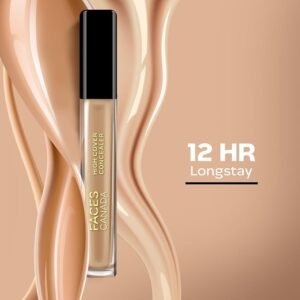 A sleek liquid concealer tube with its applicator wand pulled out, showing a creamy beige formula on the soft tip.