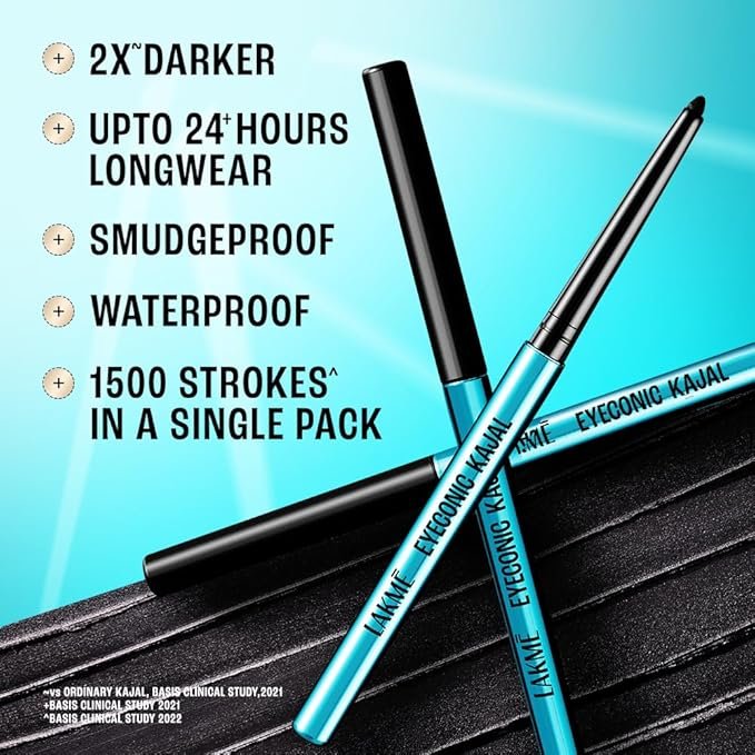 Lakme 9-5 Eyeconic Kajal, Deep Black, Smudgeproof and Waterproof that lasts upto 24H, for 2x dark pigment, 0.35g - Image 4